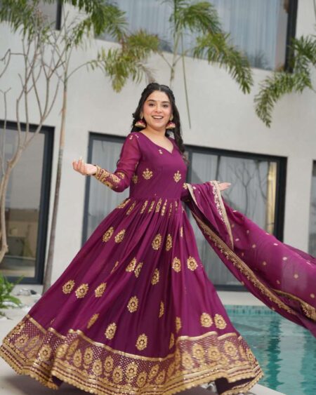 Home 26 Women’s Ethnic Anarkali Style Floor-Length Gown in Magenta with Golden Zari Embroidery – Festive & Wedding Wear