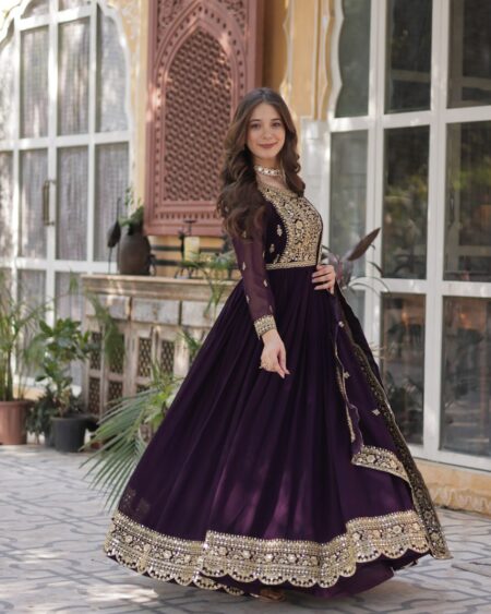 Home 21 Women's Luxurious Plum Velvet Anarkali Gown with Heavy Gold Zari & Sequin Embroidery – Perfect for Weddings & Grand Festivities