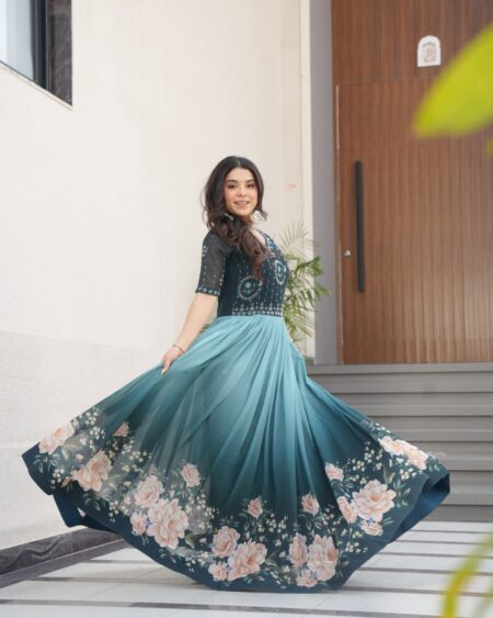 Home 22 Women's Elegant Teal & Aqua Ombre Gown with Floral Printed Flair & Embellished Bodice – Perfect for Summer Festivities & Parties