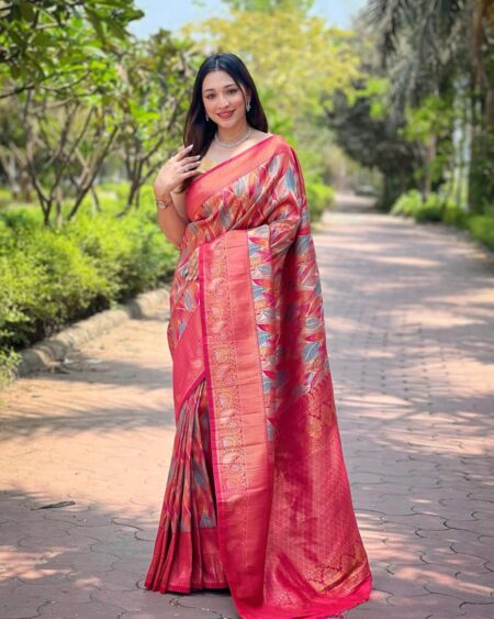 Women's Luxurious Pista Green & Pink Art Silk Saree with Intricate Leaf Weave & Broad Zari Border – Ideal for Festive & Wedding Occasions