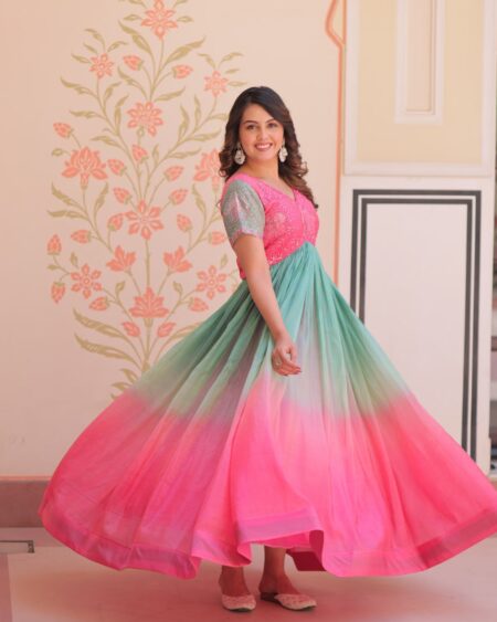 Home 23 Women's Dual-Tone Ombre Gown in Candy Pink & Aqua Green with Embroidered Bodice – Festive & Contemporary Wear