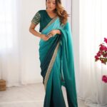 Women's Elegant Ombre Green Georgette Saree with Intricate Golden Zari & Stone Embellishments – Complete with Heavily Worked Blouse for Festive & Wedding Wear 4 photo 6122921724279375641 y Divohum