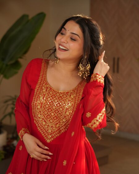 Home 24 Women's Radiant Red Anarkali Suit Set with Golden Zari & Sequin Embroidery – Perfect for Festive & Wedding Occasions