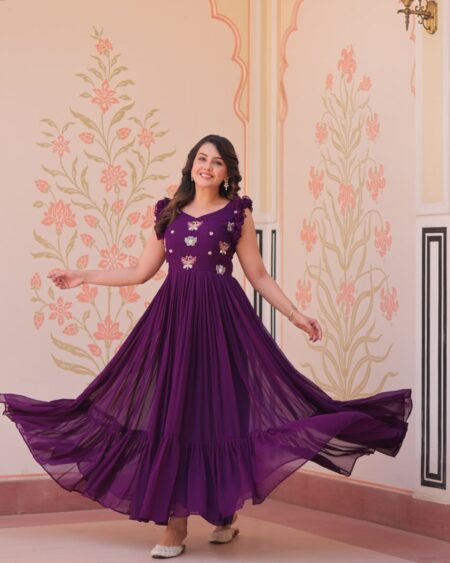 Home 25 Women's Elegant Plum Purple Georgette Anarkali Gown with Butterfly Applique & Ruffle Sleeves – Festive & Special Occasion Wear