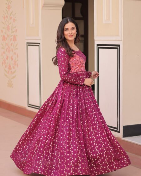 Home 20 Women's Festive Berry Purple Printed Anarkali Gown with Intricate Zari Work & Embellished Yoke – Perfect for Traditional & Celebration Wear