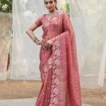Women's Pristine White Organza Saree with Exquisite Pink & Green Floral Thread Embroidery – Complete with Matching Embroidered Blouse for Festive & Summer Wear 4 photo 6273601306010699453 y 3 Divohum