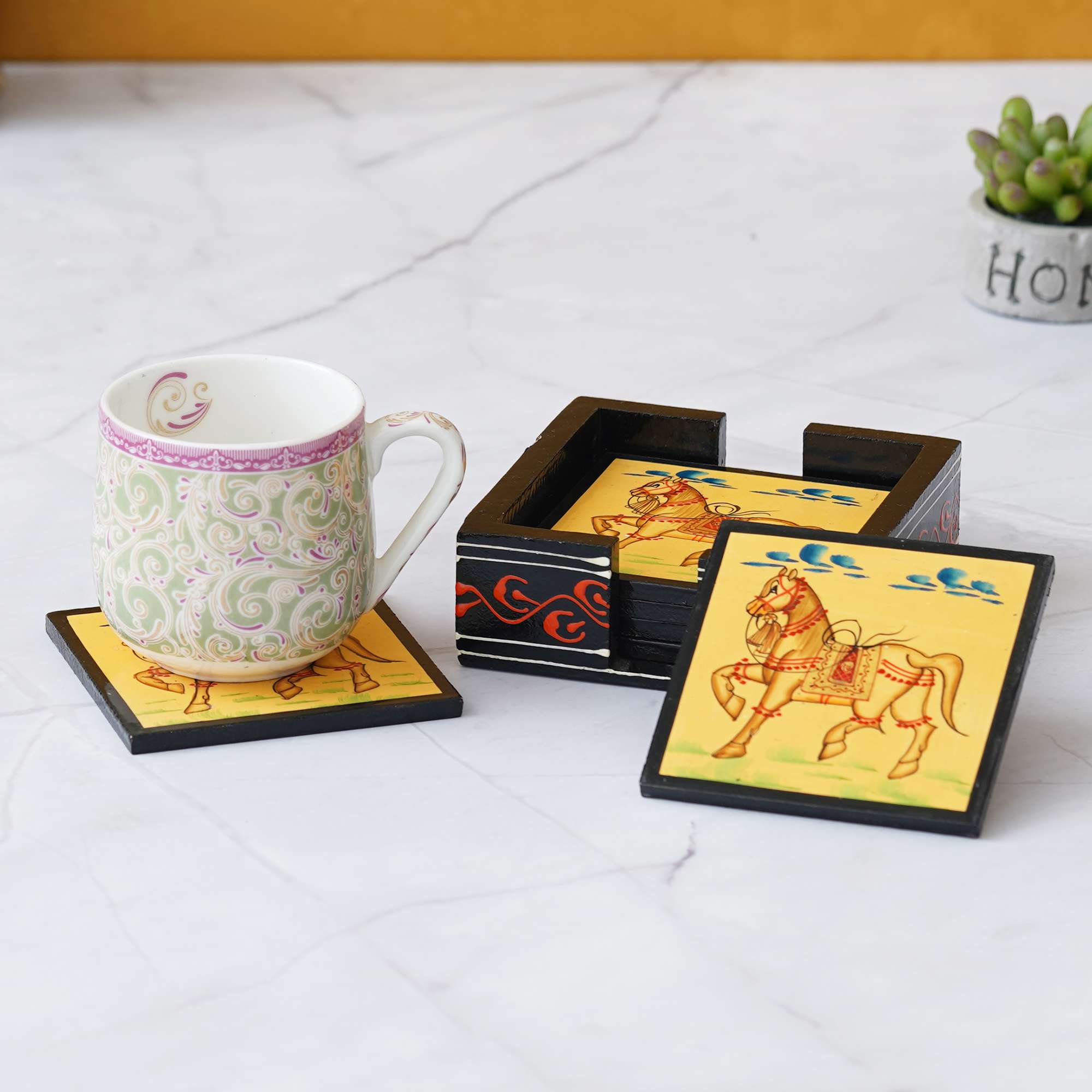 Wooden horse hand painted tea coaster 4 2OUfyo Divohum
