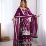 Women's Georgette Embroidery Work Straight Kurta With Sharara Suit and Dupatta Set 4 2wnWsJ Divohum
