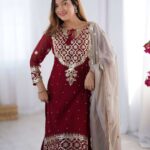Women's Faux Georgette Sequins Embroidered Straight Kurta With Sharara Suit and Dupatta Set 4 PochWl Divohum