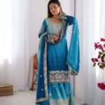 Women's Chinon Silk Sequence With Rivet Moti Work Straight Kurta With Sharara and Dupatta Set 4 XGI4c3 Divohum